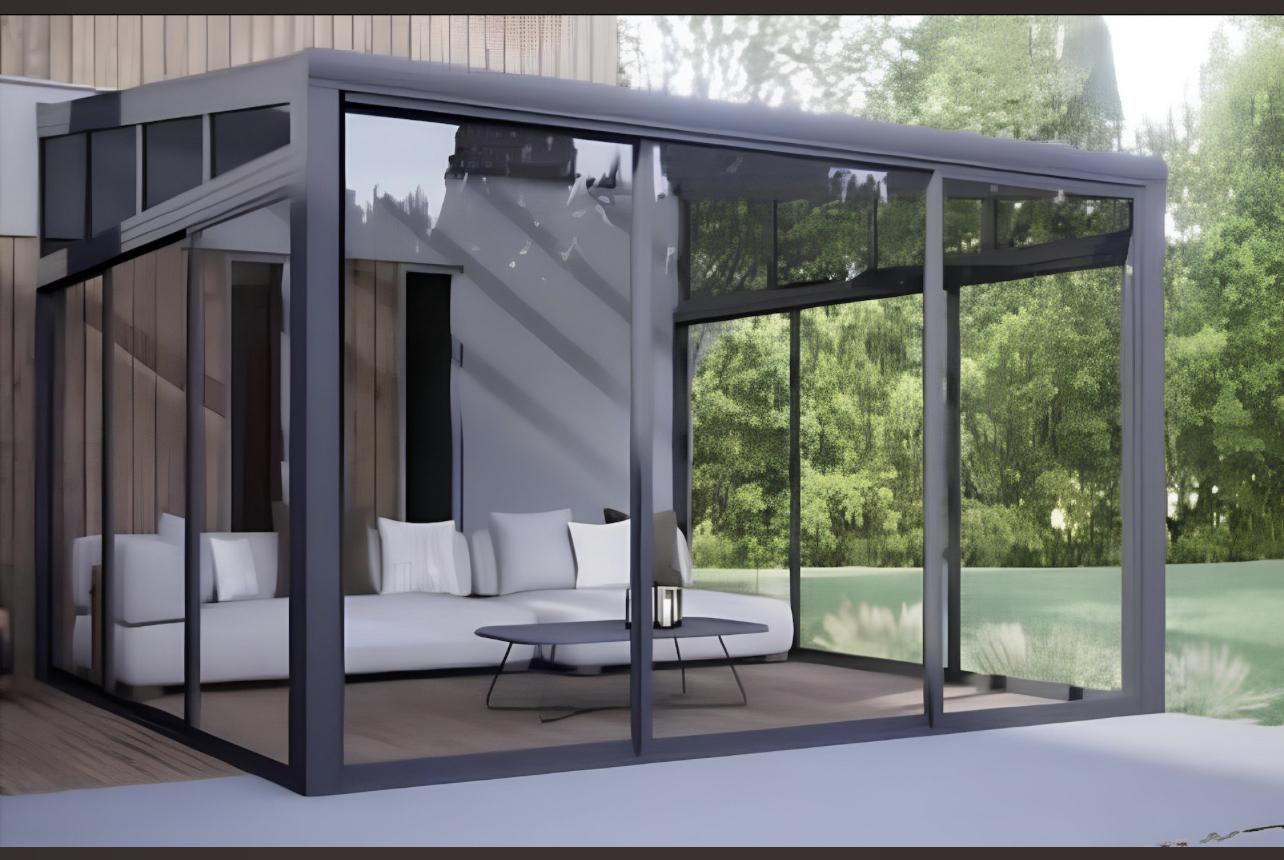 Véranda solaire photovoltaïque ouverte sur le jardin